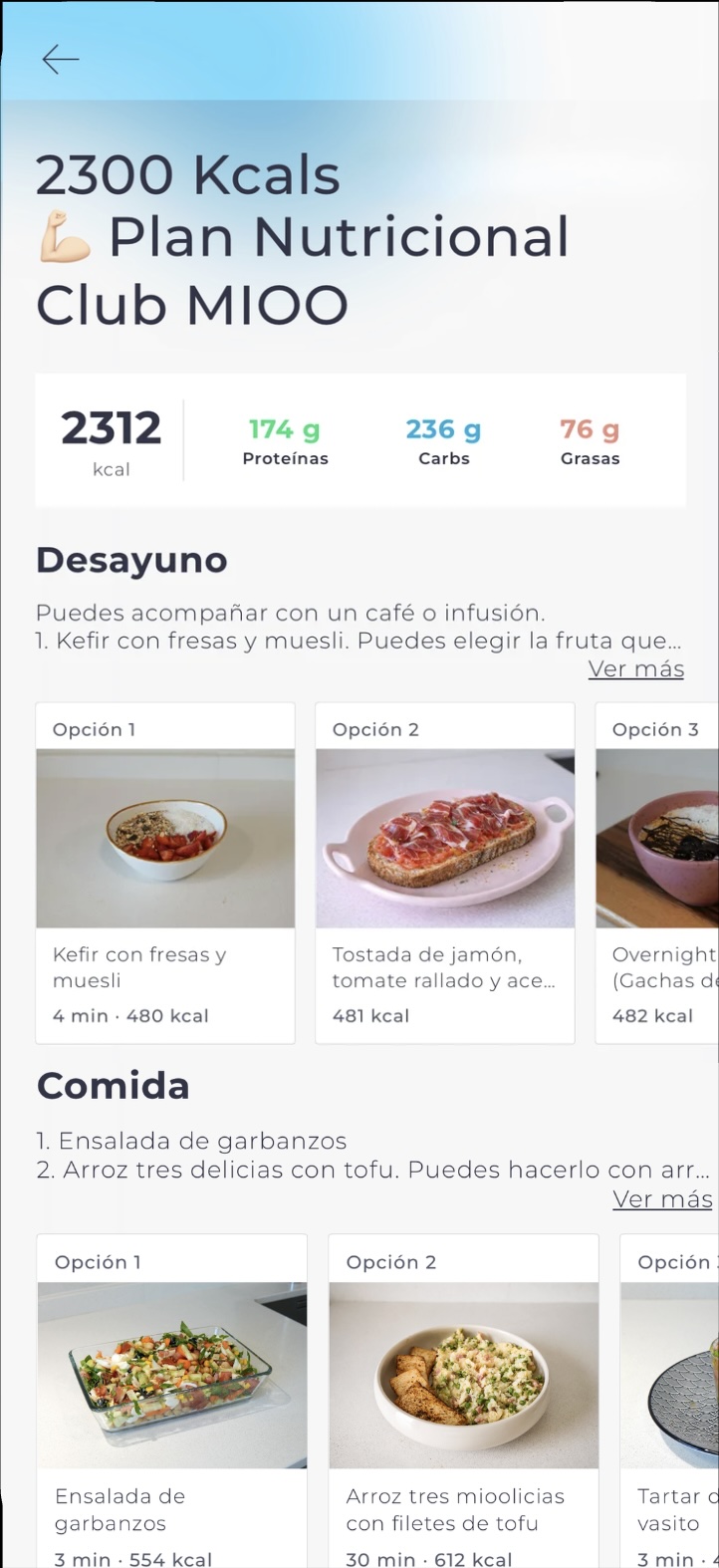 Plan de nutrición en la app Mioo