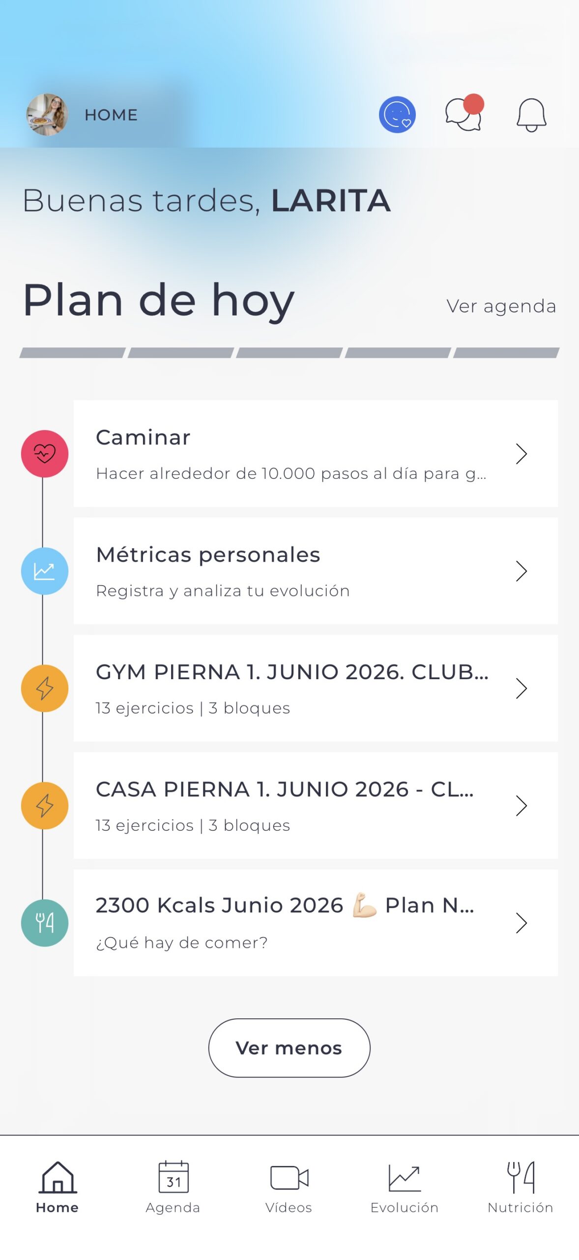 Pantalla Plan de hoy de la app Mioo